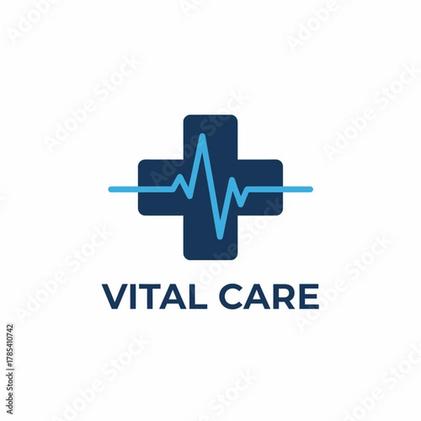 Fototapeta A medical logo featuring a blue cross with a heartbeat-like line, text below, on white background