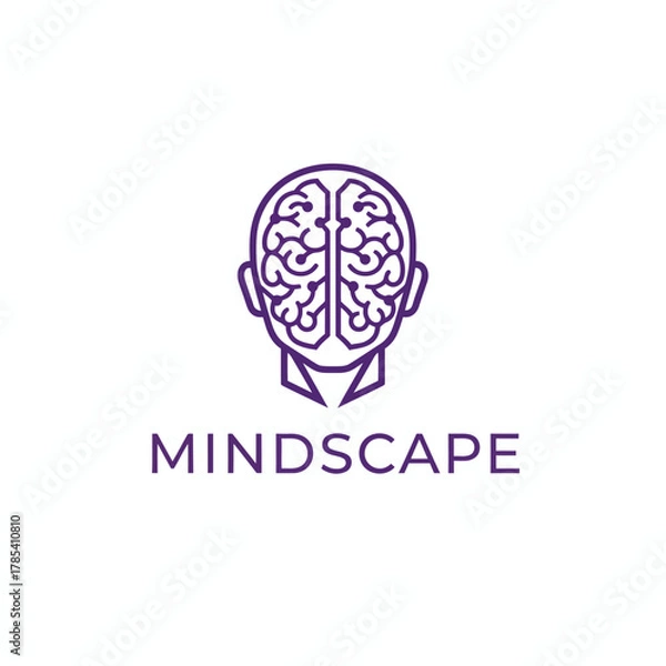 Fototapeta A purple line art illustration featuring a brain within a head outline, and a wordmark below