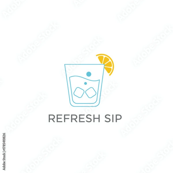Fototapeta A refreshing drink logo design with a glass, ice cubes, a lemon slice, and the words "Refresh Sip