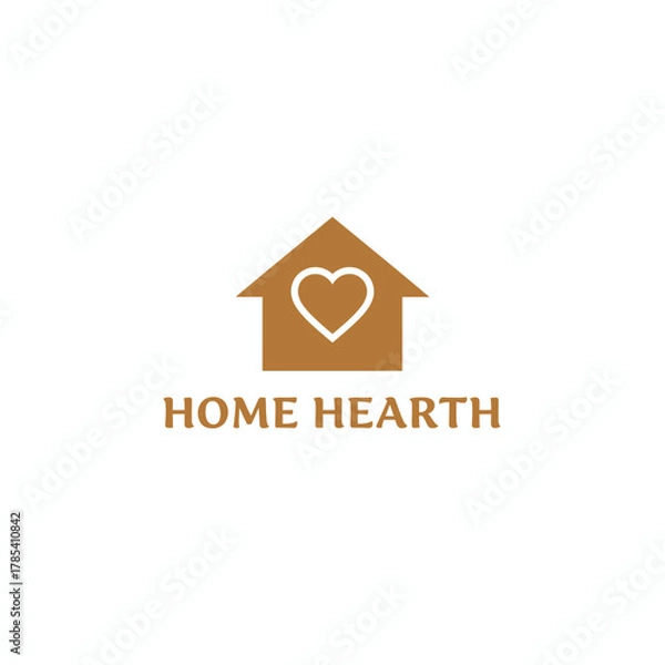 Fototapeta A home icon with a heart, and text that says "HOME HEARTH" in a warm, earthy tone