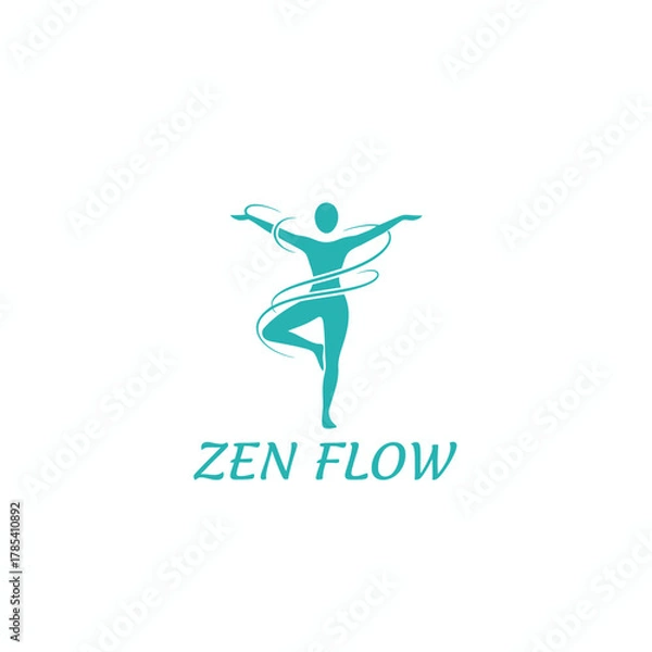 Fototapeta A teal silhouette of a person balancing with arms outstretched, swirls around, and text below