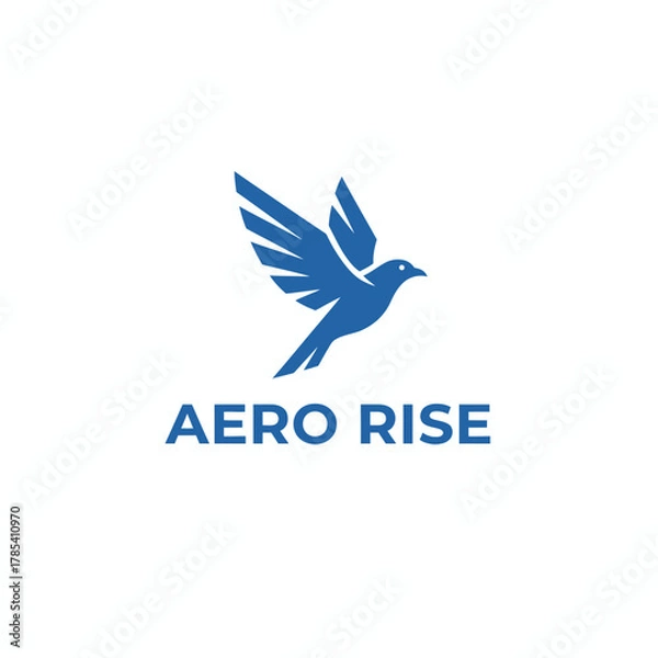 Fototapeta A blue bird graphic is flying upwards with wings spread, along with a  at the bottom