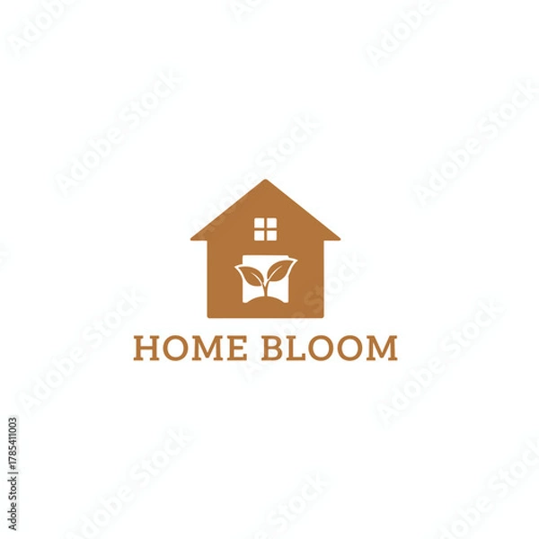 Fototapeta A home icon with a sprout and leaves within. Text below reads "Home Bloom" in brown font