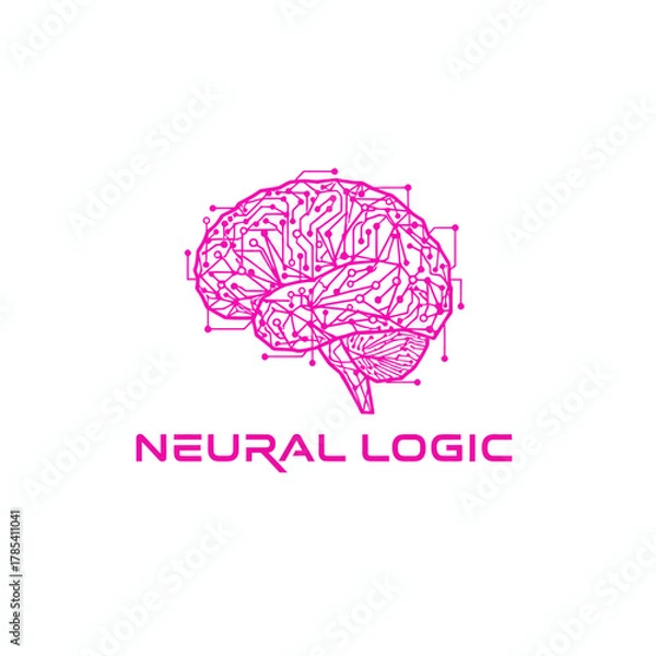 Fototapeta A pink brain illustration with circuit-like elements, accompanied by text below "NEURAL LOGIC