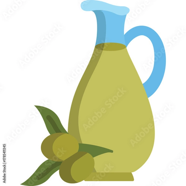 Obraz A stylized illustration of an olive oil cruet with a light blue handle and cap, paired with a sprig of green olives and leaves, isolated on a white background