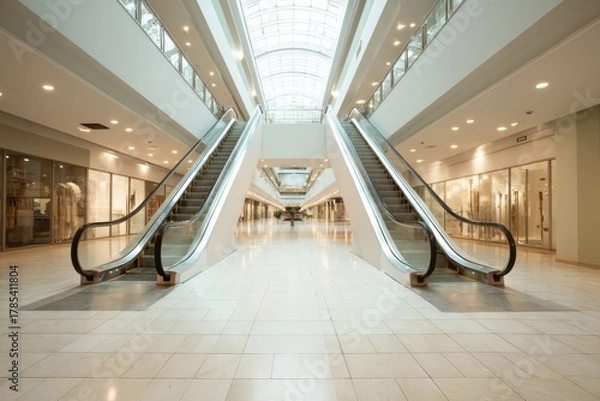 Fototapeta Modern shopping arcade with escalators and glass storefronts.