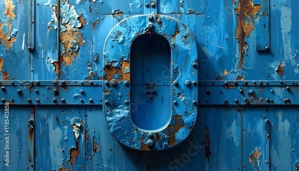 Fototapeta An aged blue metal surface with a large, distressed, zero shape
