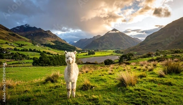 Fototapeta An alpaca stands on green grass, mountains in background, under a sunset sky