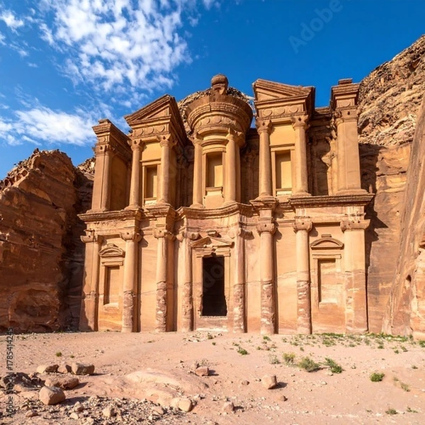 Fototapeta An ancient, carved facade of a temple set in a desert landscape