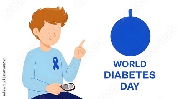 Obraz A cheerful boy with a blue ribbon on his shirt points to a blue circle with the words world diabetes day isolated on white background the boy is holding a device