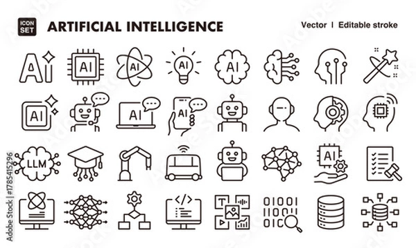 Fototapeta Artificial intelligence line icon set. Vector editable stroke icon.