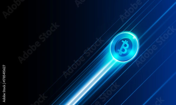 Obraz Financial chart with moving up arrow graph bitcoin cryptocurrency technology and world map in stock market on blue color background concept innovation background, vector design