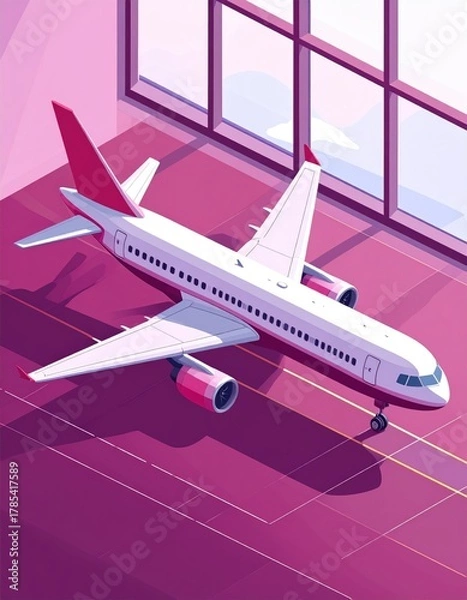 Obraz Cartoon airplane at gate, pink hue
