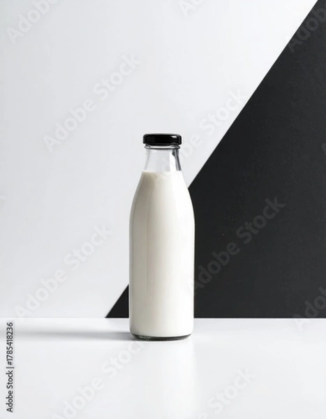 Obraz Full milk bottle before monochrome geometric backdrop
