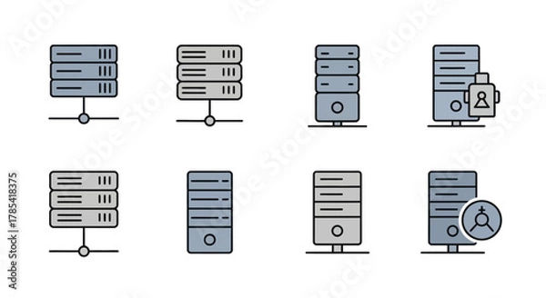 Obraz A collection of eight server icons. They have different styles and arrangements. Some have connection lines, while others feature user symbols or lock icons