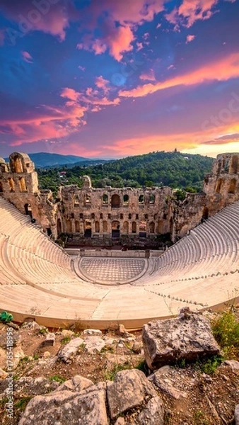 Fototapeta Ancient amphitheater, sunlit against vivid sunset clouds over distant hills