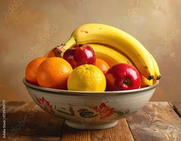 Obraz Bowl of assorted fruit on rustic wooden table