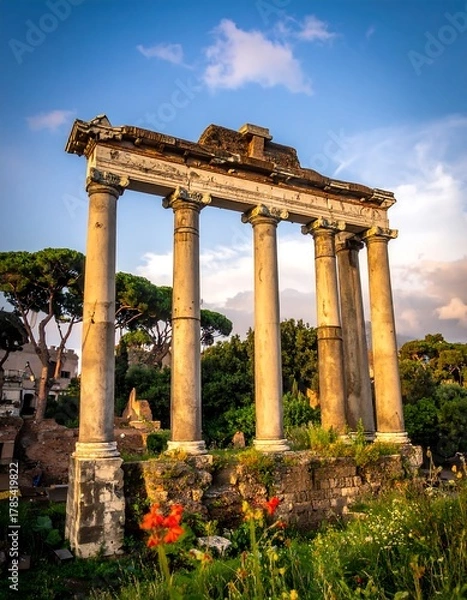 Fototapeta Ancient classical columns stand tall under a beautiful cloudy sky at sunset