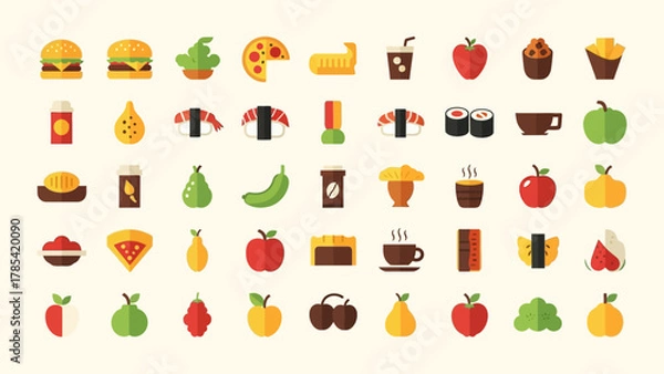 Fototapeta Vibrant Culinary Collection Flat Design Icons Representing Diverse Food and Beverage Delights
