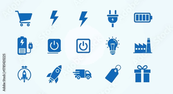 Obraz A collection of blue icons on a light background. Features cart, lightning, plug, battery, power, light bulb, factory, timer, rocket, delivery truck, tag and gift box