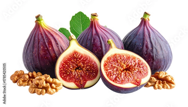Fototapeta Purple figs, one cut open, with walnuts and a green leaf