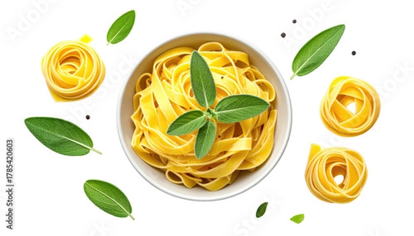 Fototapeta Pasta nests with sage sprigs in a white bowl, on black