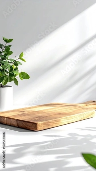 Obraz Wooden board by plant, light shadows on white background