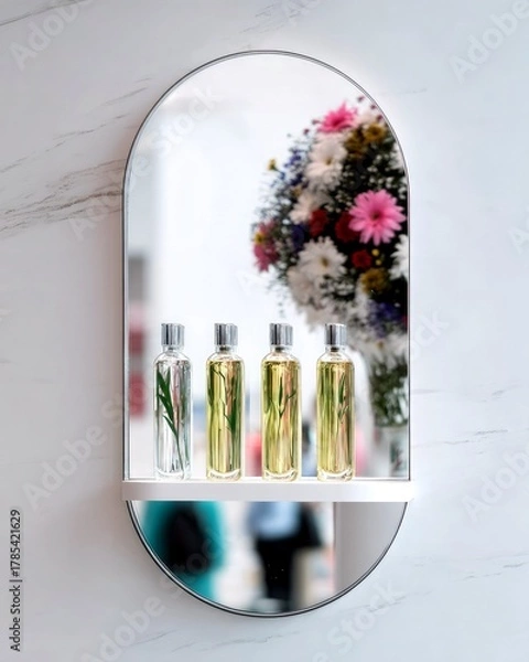 Fototapeta Four glass bottles containing clear and golden liquids with green sprigs are displayed on a shelf, reflected in an arched mirror.