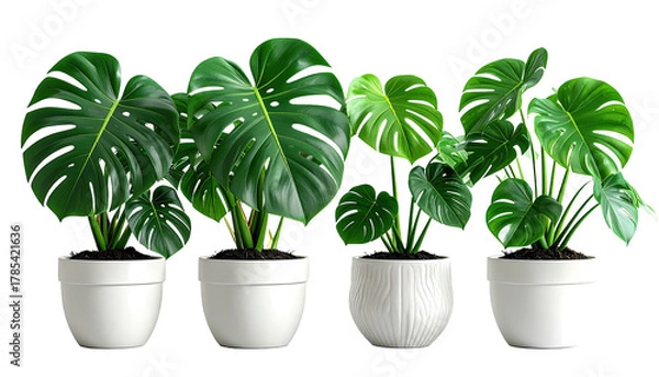 Fototapeta Row of Monstera plants in white pots against a black background