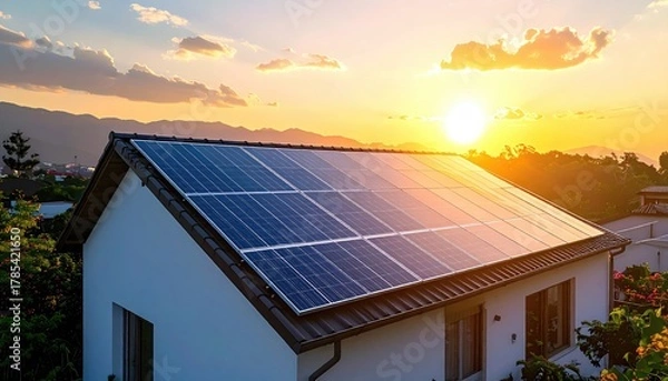 Obraz House roofed with solar panels glows against setting sun