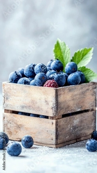 Fototapeta A close-up shot of a rustic wooden crate overflowing with fresh blueberries and a single raspberry, dusted with powder.