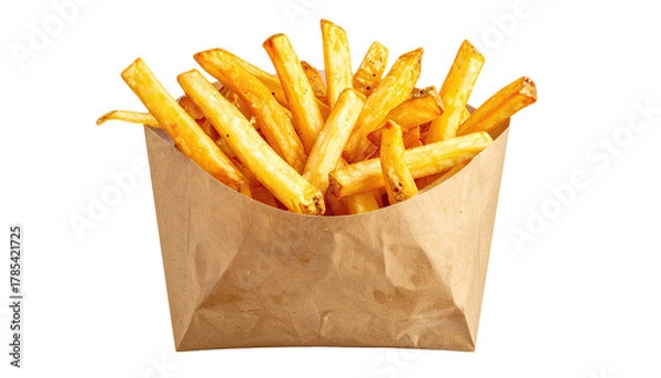 Fototapeta Fries overflow from brown paper bag. Tasty snack isolated
