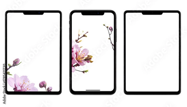 Fototapeta Three devices, two with floral decor. Clean white screens