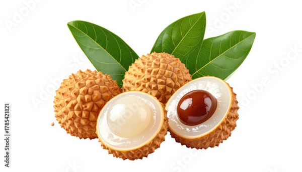 Fototapeta Lychees with green leaves, one halved and showing seed