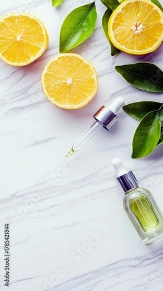 Fototapeta A flat lay composition featuring sliced lemons, fresh green leaves, and two glass droppers, one with liquid, on a white marble background.