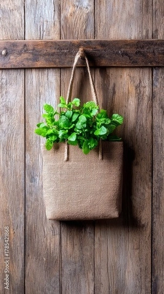 Fototapeta A burlap tote bag filled with fresh green mint leaves hangs on a textured, rustic wooden wall.