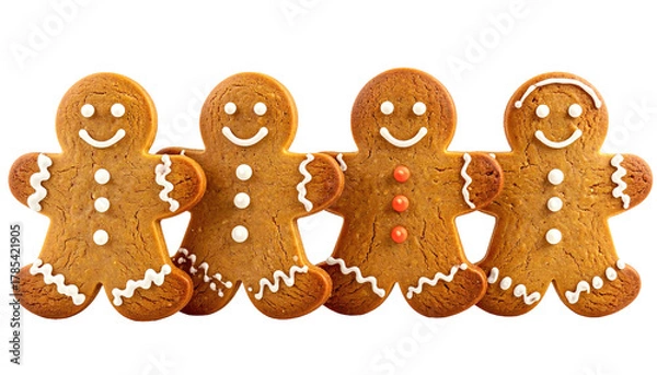 Fototapeta Four smiling gingerbread men cookies lined up on black