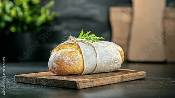 Fototapeta A rustic loaf of bread, wrapped in a white cloth and tied with twine, sits on a wooden board, ready to be served.