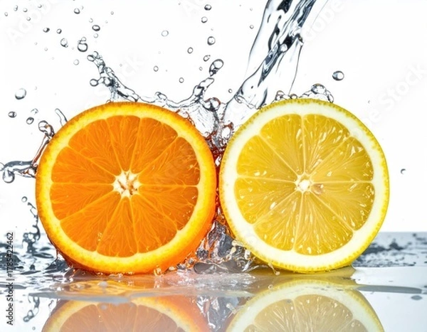 Obraz Sliced orange, lemon splash, close up