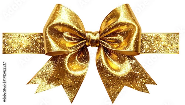 Fototapeta Shiny, opulent gold bow, center-aligned on a festive strip