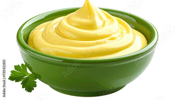 Fototapeta Swirl of yellow sauce in a green bowl with parsley garnish