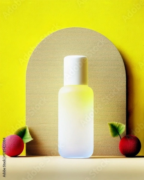 Fototapeta A frosted bottle with a white cap and a gradient of yellow to blue sits centrally, with red spheres and green leaves on either side.