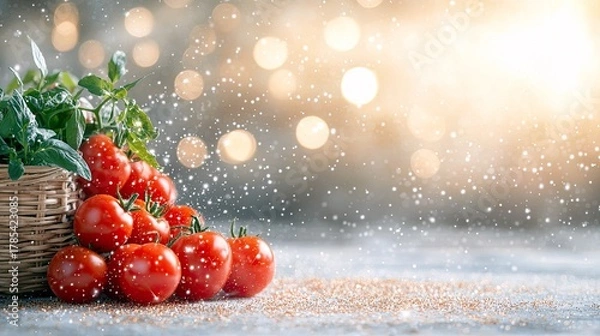 Fototapeta A close-up shot of ripe red tomatoes and fresh green herbs in a woven basket, dusted with sparkling snow and set against a backdrop of soft bokeh lights.