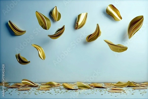 Fototapeta Golden petals are suspended in mid-air and scattered on the floor against a soft blue background.