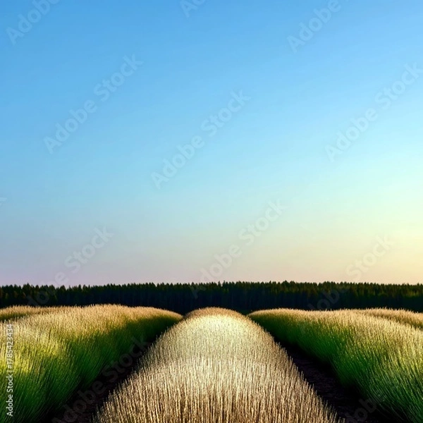 Fototapeta A vast field of golden-hued lavender stretches towards a dark forest under a clear, gradient blue sky.