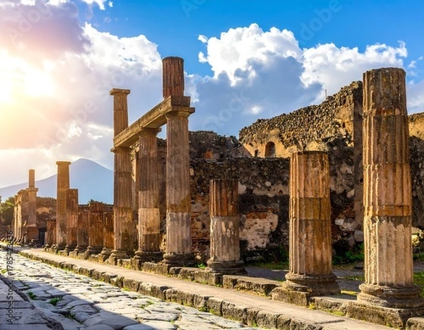 Fototapeta Ancient Roman ruins, columns, and pathways, under a bright blue sky