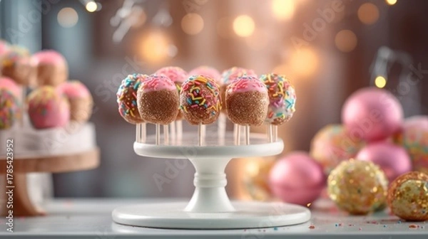 Obraz detailed, hyperrealistic, highly detailed, intricate, ornate, elegant, lush, soft lighting, shallow depth of field, bokeh, cake pops, cake balls, dessert stand, pastel colors, pink, white, gold, glitt