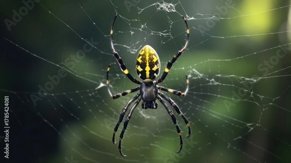 Fototapeta close-up, detailed, high resolution, macro shot, arachnid, orb-weaver spider, yellow and black body, intricate web, natural lighting, nature, outdoor setting, sharp focus, studio-like, insect photogra