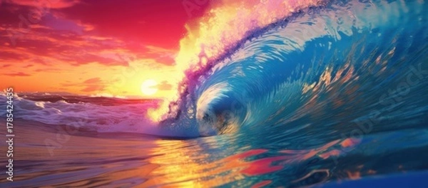 Fototapeta a massive crashing wave at sunset, ocean wave glowing with vibrant warm colors, dramatic sunset sky with fiery orange and pink hues, tropical beach with silky smooth sand, epic wave against dramatic s