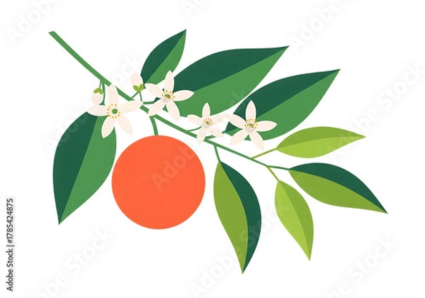 Fototapeta Fresh orange fruit branch with green leaves and delicate white blooms